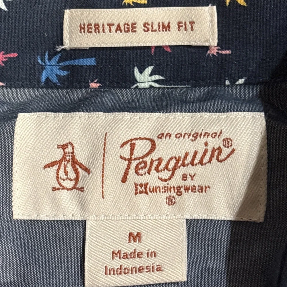 Penguin Button Up Shirt Palm Trees Heritage Slim Fit Short Sleeve Mens Medium